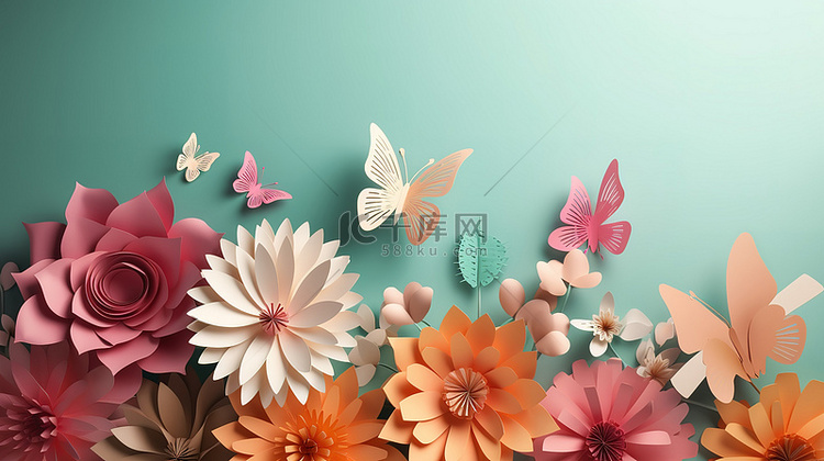 3d 渲染中的春天蝴蝶和花纸工