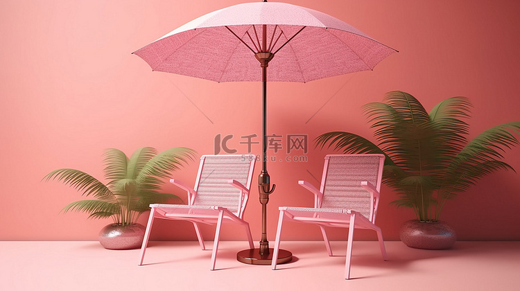 带雨伞的户外椅子在粉红色背景下
