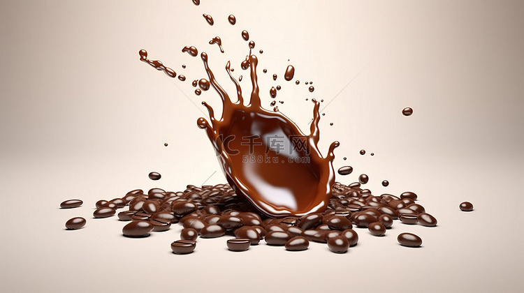 咖啡豆的逼真 3d 渲染与咖啡飞溅
