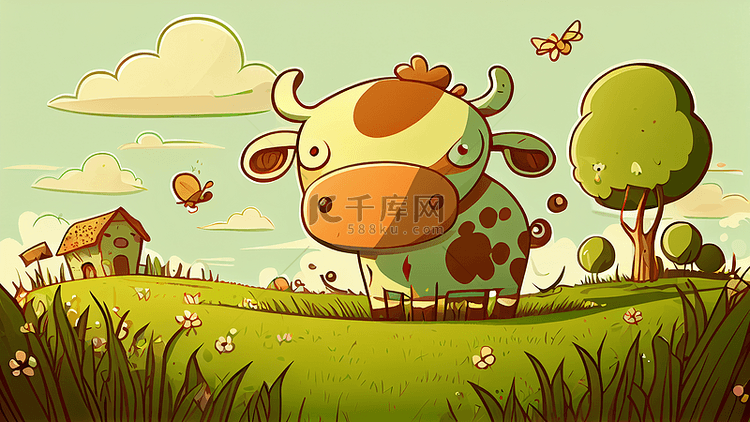 草坪奶牛可爱插画背景