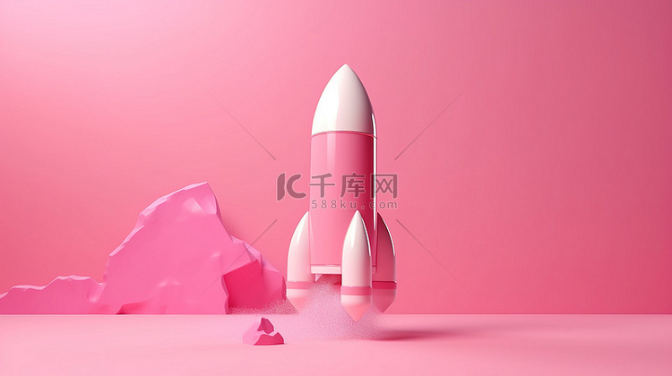 3D 火箭在粉红色背景下升空，