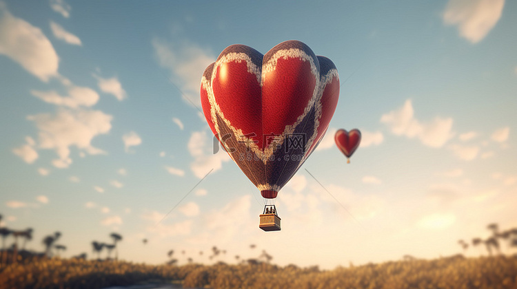 爱的热气球 3D 渲染插图与心