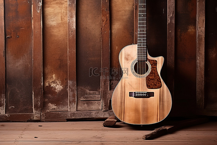坐在木桌上的一把木吉他