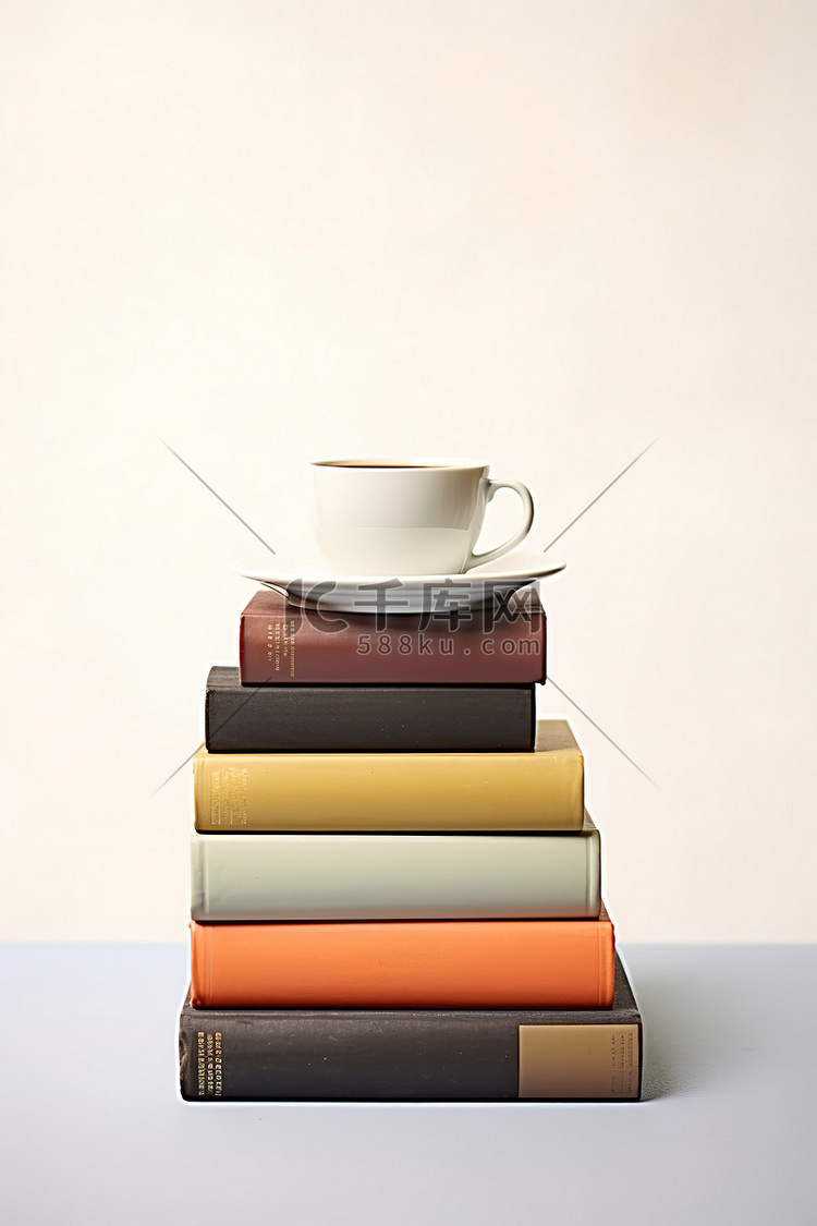 一杯咖啡坐在一堆书上