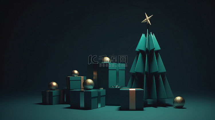 带有礼品盒和圣诞树的深色背景的