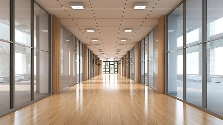 3D 渲染照明宽敞的办公室走廊
