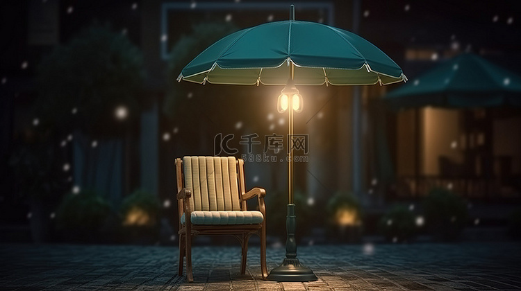 星夜 3D 概念图下装饰着雨伞