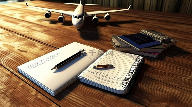 探索世界飞机护照票和木桌 3D