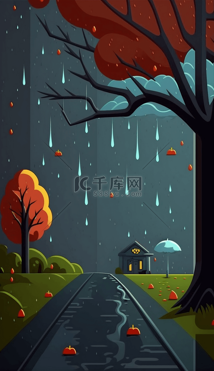 树雨滴下雨的路卡通可爱背景