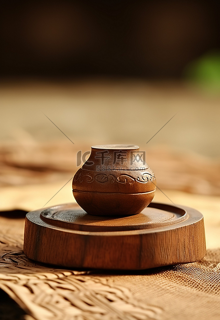 一个碗放在一块竹木头上