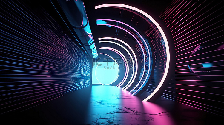 虚拟现实霓虹灯隧道发光线圆形门