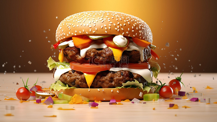 迅速增长的汉堡成瘾 3D 渲染