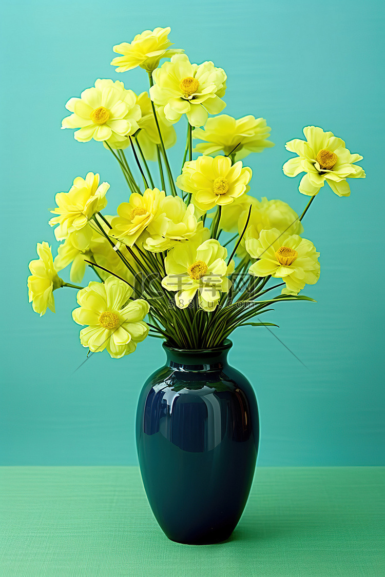 绿色背景下蓝色花瓶中黄色花朵的