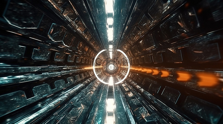 具有抽象飞行的科幻隧道的 3D