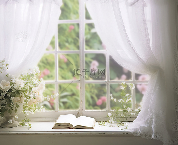 白色的窗户上挂着花卉窗帘，可以