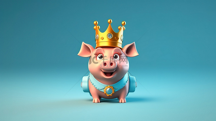 戴着顽皮猪的皇冠的 3d 插图