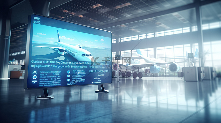 机场信息屏幕的 3D 渲染，带