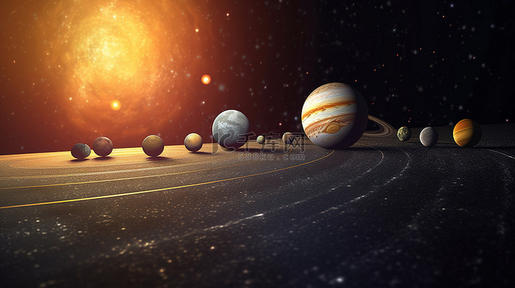 太阳系 3D 渲染显示行星和太
