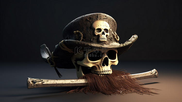 3D 渲染海盗帽剑和头骨的插图