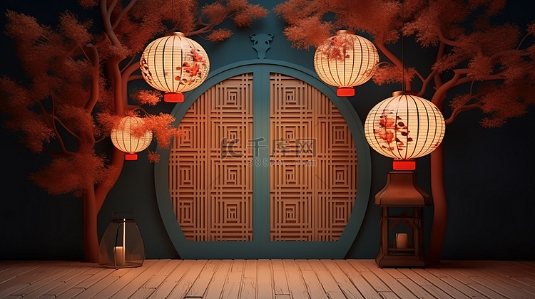 3d 渲染中秋节场景与中国灯笼