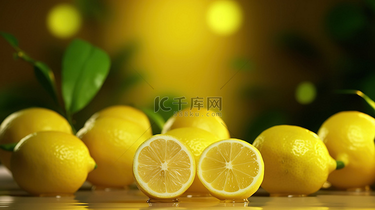 鲜榨水果中清爽柠檬汁的 3d 渲染