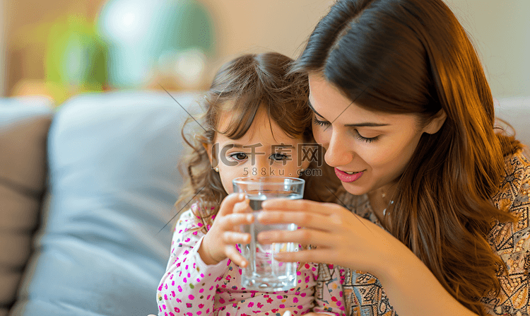 妈妈照顾生病女儿喝水吃药