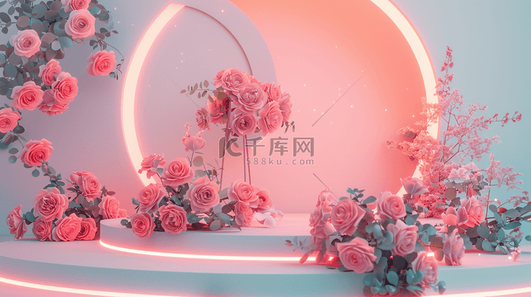 粉色浪漫女神节玫瑰花舞台的背景