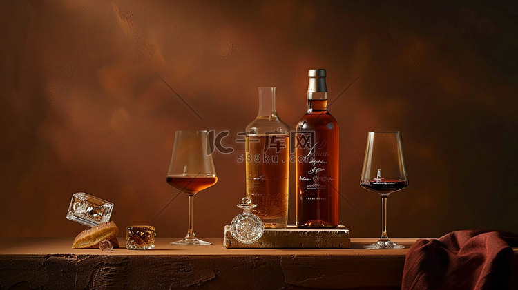 红酒酒杯酒瓶立体描绘摄影照片造