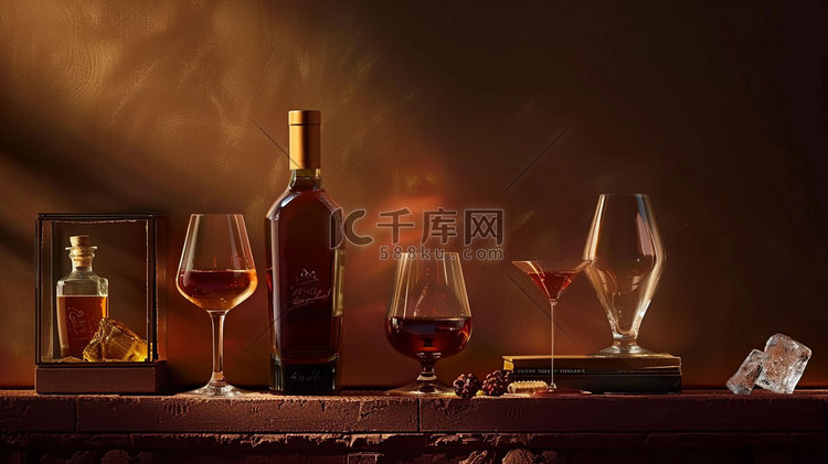 红酒酒杯酒瓶立体描绘摄影照片艺