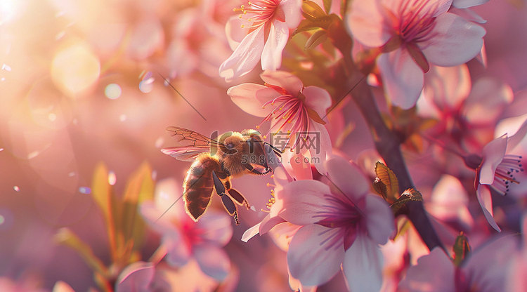 3d花朵蜜蜂采蜜立体描绘摄影照片