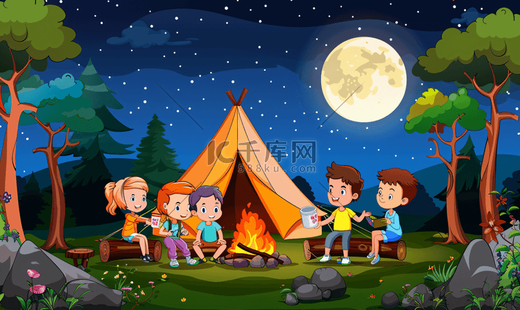年轻朋友夜晚户外野营聚会