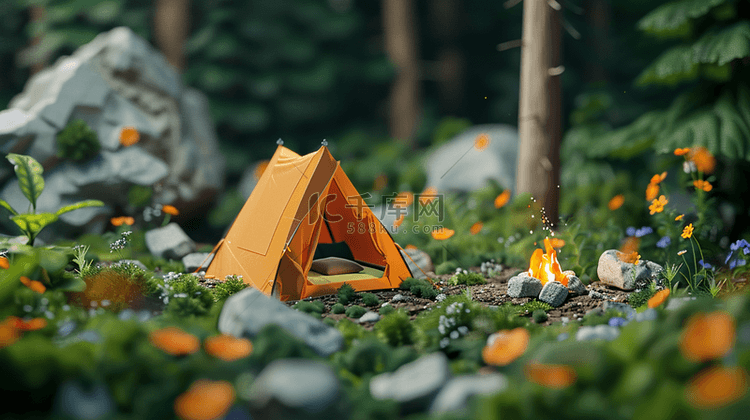春季旅游3D帐篷度假露营场景背