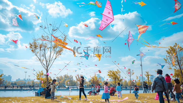 孩子们在滨江公园放风筝