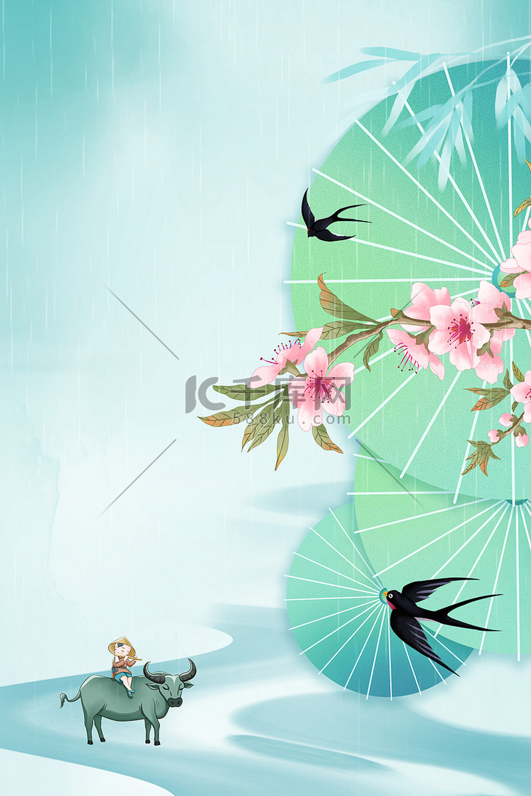 绿色清明节雨伞花枝花朵燕子背景