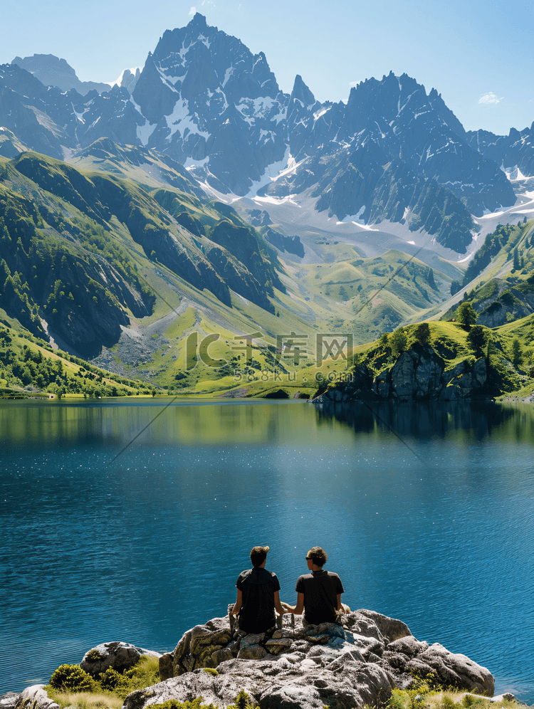 徒步旅行者宁静的山湖放松