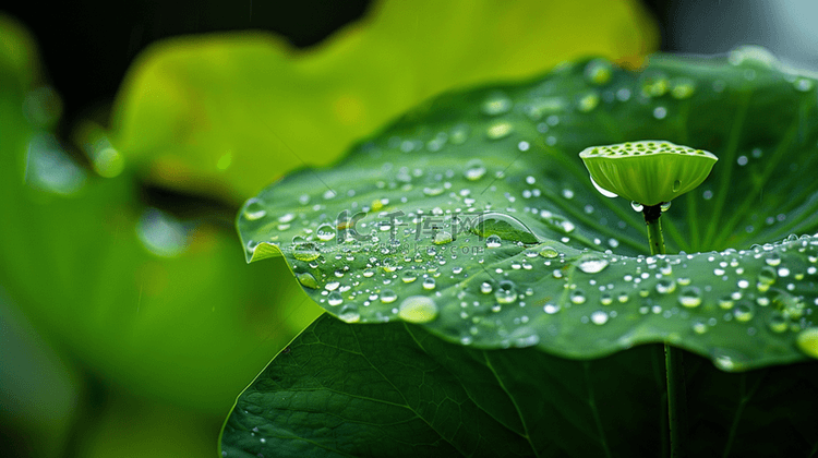 户外下雨绿色荷叶上露珠的背景