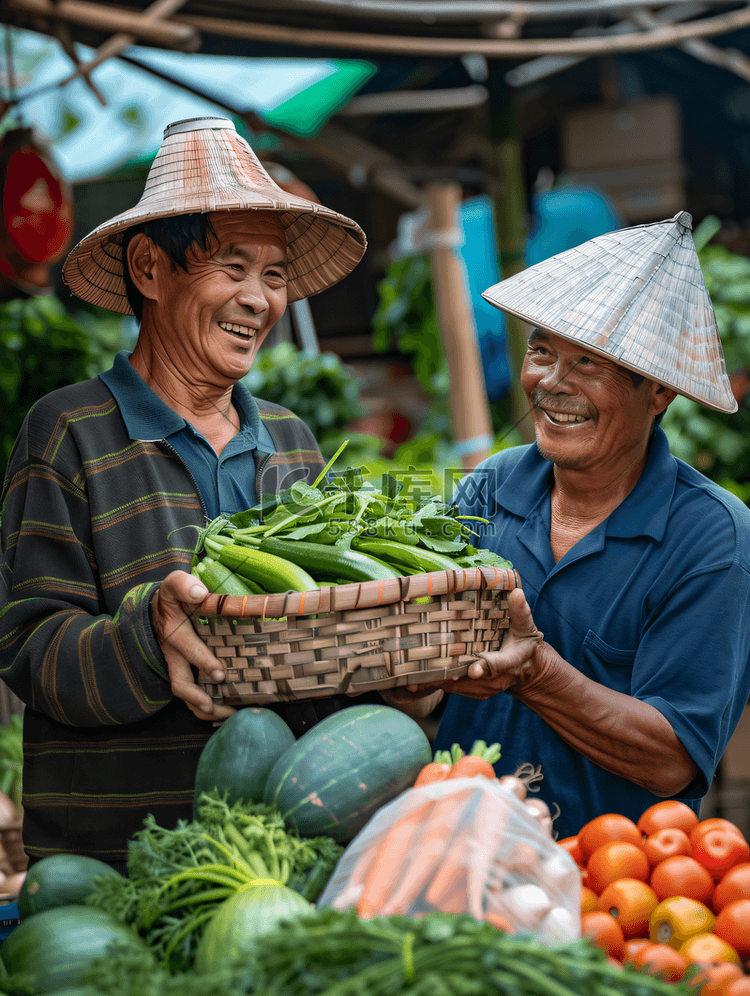 亚洲人农民将蔬菜交给快递员