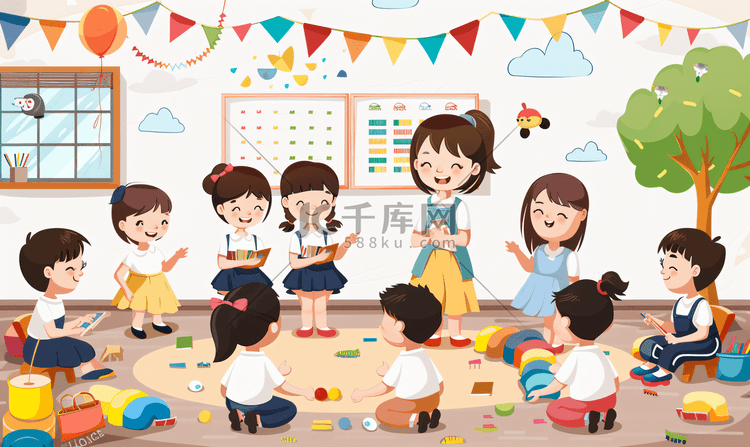 亚洲人老师和儿童在幼儿园里