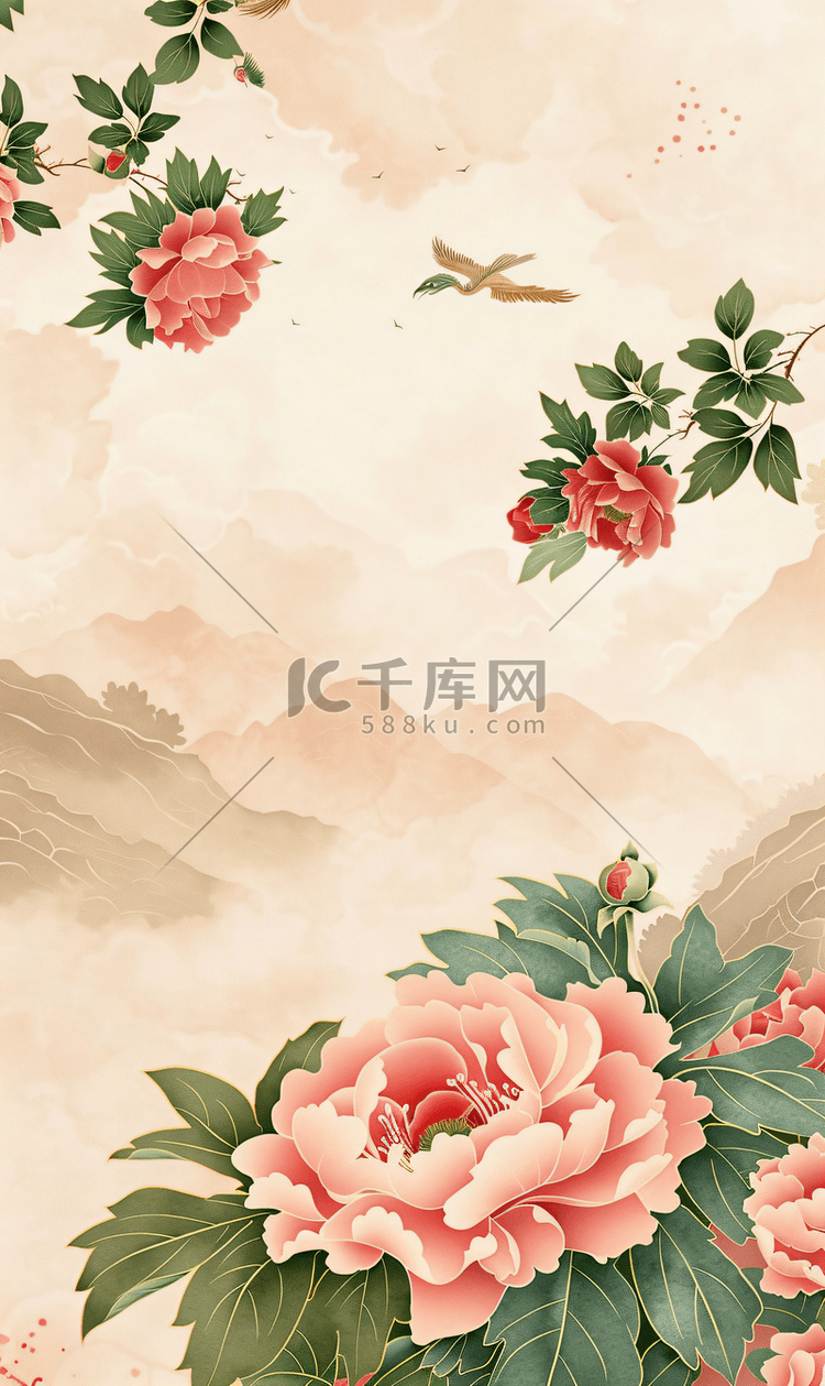 中国风山水牡丹花背景