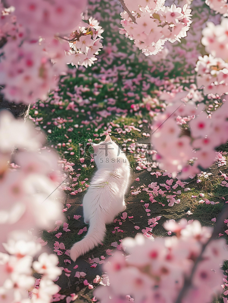 樱花树下白色的猫摄影图