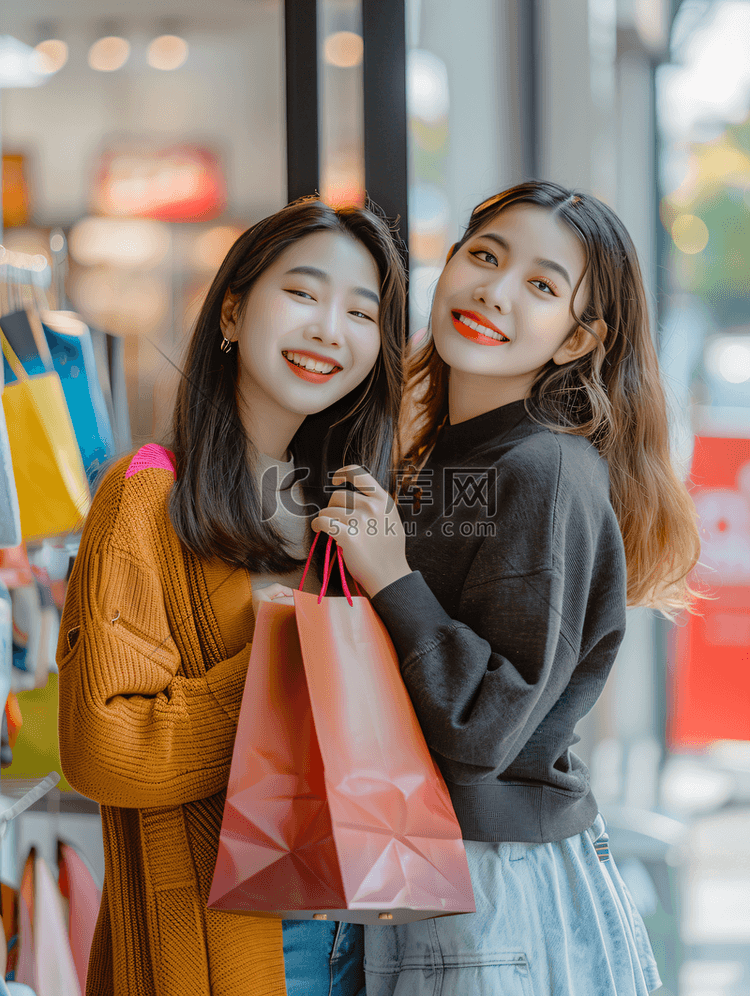 亚洲人快乐闺蜜逛街购物