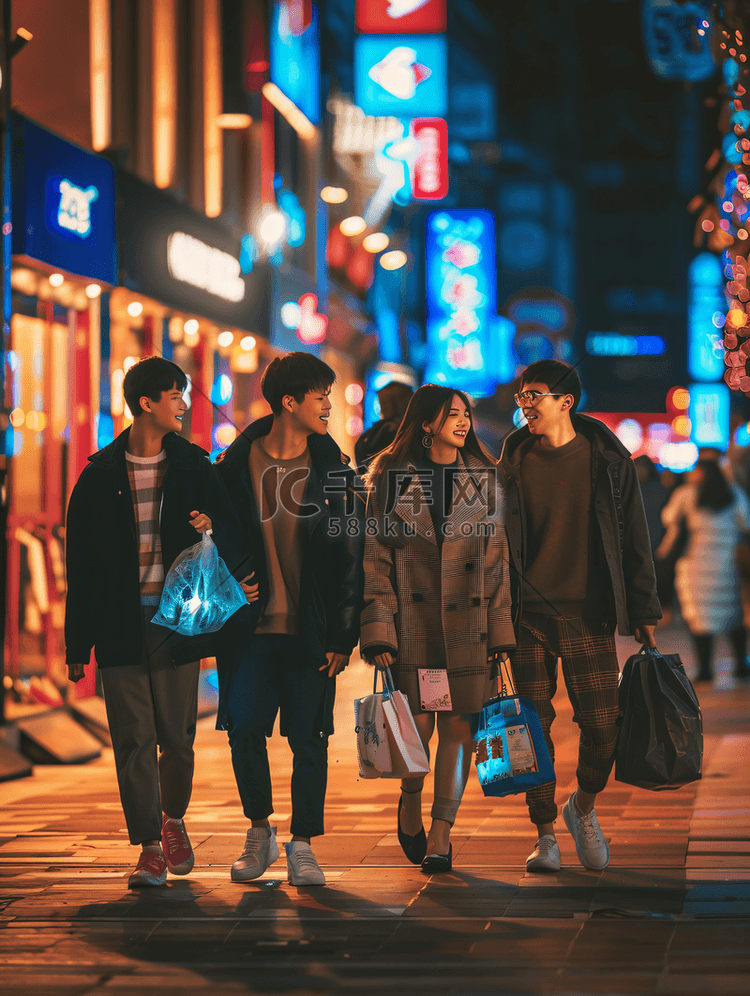 亚洲人快乐时尚的年轻人夜晚逛街