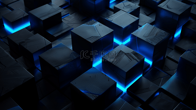 深蓝色灯光方块形状空间风格抽象