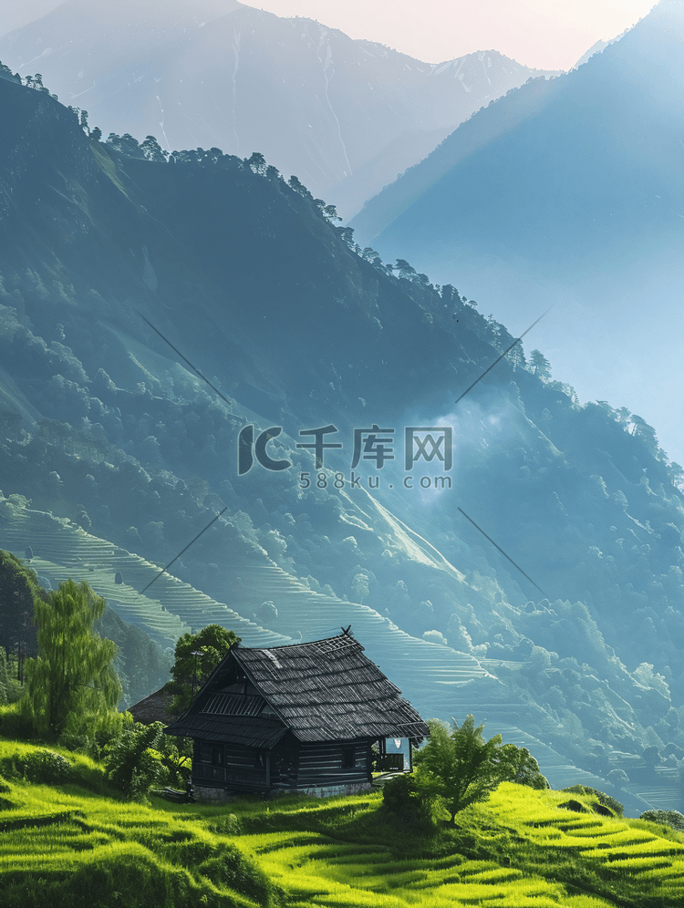 旅游早晨房屋山区漂动摄影图