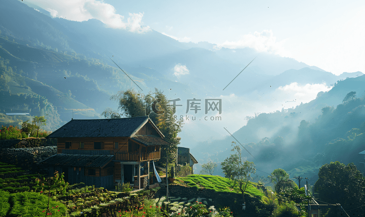 旅游早晨房屋山区漂动摄影图