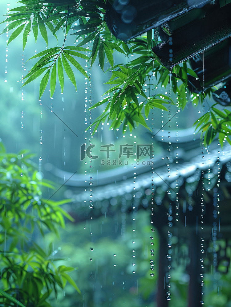 雨天屋檐挂着风铃摄影照片