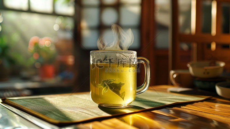 玻璃杯绿茶立体描绘摄影照片