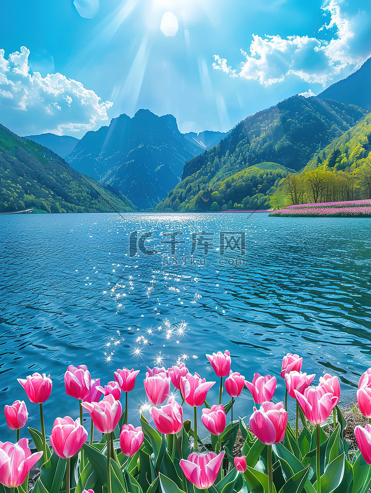 青山环绕的湖泊郁金香花开摄影配