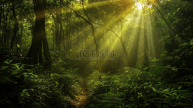 太阳光芒照射森林树木自然风景的