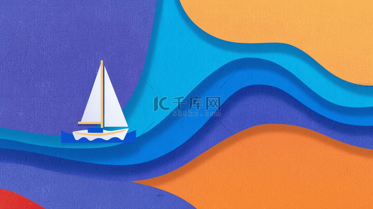 剪纸风夏天大海波浪和帆船背景